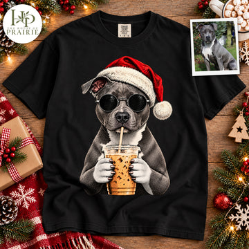 Personalized Pitbull Christmas T-Shirt | Custom Dog Photo Santa Hat Sunglasses Iced Coffee Graphic Tee | Funny Holiday Pitbull Lover Gift | Upload Your Pet Picture