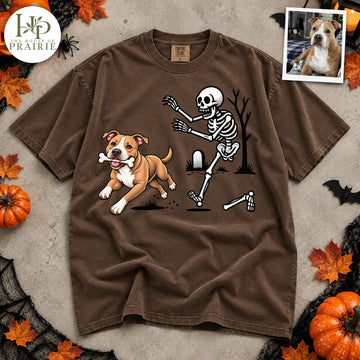 Personalized Pitbull Halloween T-Shirt | Custom Dog Photo Skeleton Chase Graphic Tee | Funny Pitbull Lover Gift | Upload Your Pet Picture
