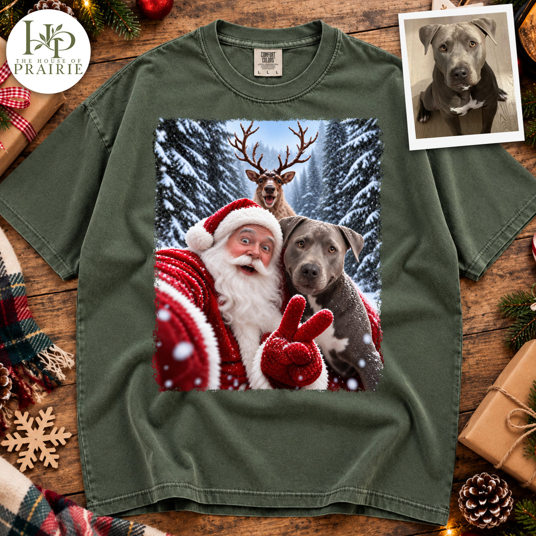 Personalized Pitbull Christmas T-Shirt | Custom Dog Photo Santa Claus Reindeer Selfie Graphic Tee | Funny Pitbull Lover Christmas Gift | Upload Your Pet Picture