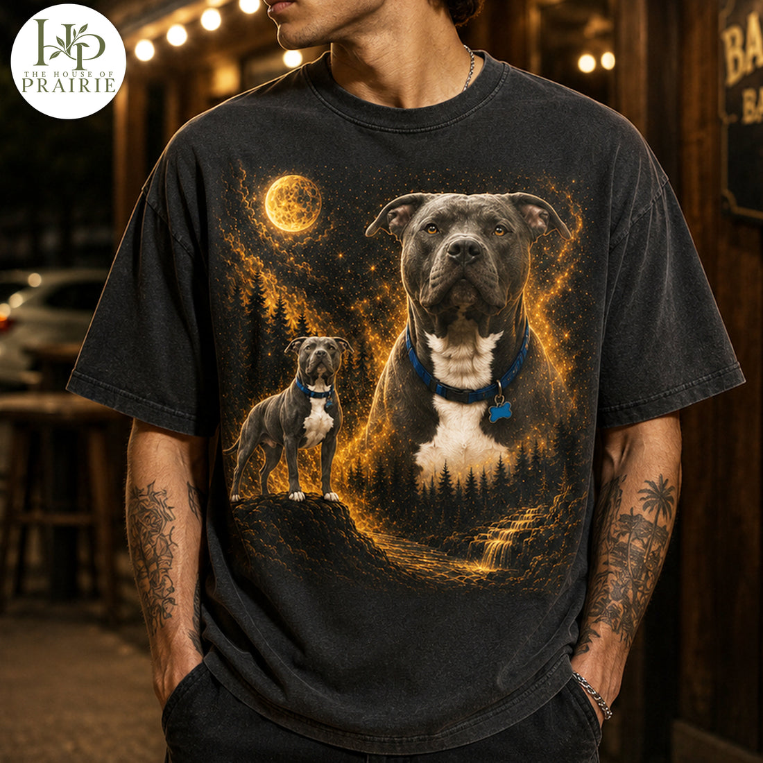 Personalized Pitbull T-Shirt | Custom Dog Photo Moonlight Portrait Tee | Pitbull Memorial Gift | Upload Your Pet Picture
