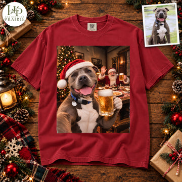 Personalized Pitbull Christmas T-Shirt | Custom Dog Photo Santa Claus Beer Selfie Graphic Tee | Funny Holiday Pitbull Lover Gift | Upload Your Pet Picture